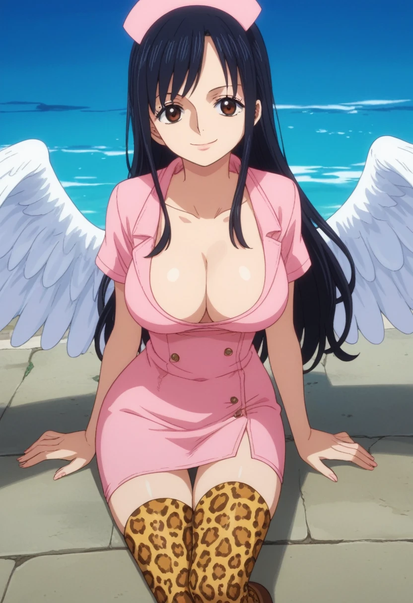 score_9, score_8_up, score_7_up, best quality, masterpiece, source_anime, anime screencap, one_piece_wano_style, clear face, 1girl, solo, black hair, hair above her shoulders, White diadem on her head, brown eyes, large breasts,White wings on her back, nurse pink dress, one-piece dress, outdoor, smile, looking at viewer, Leopard Print Thigh High Boots,