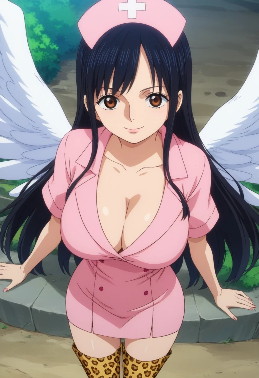 score_9, score_8_up, score_7_up, best quality, masterpiece, source_anime, anime screencap, one_piece_wano_style, clear face, 1girl, solo, black hair, hair above her shoulders, White diadem on her head, brown eyes, large breasts,White wings on her back, nurse pink dress, one-piece dress, outdoor, smile, looking at viewer, Leopard Print Thigh High Boots, 