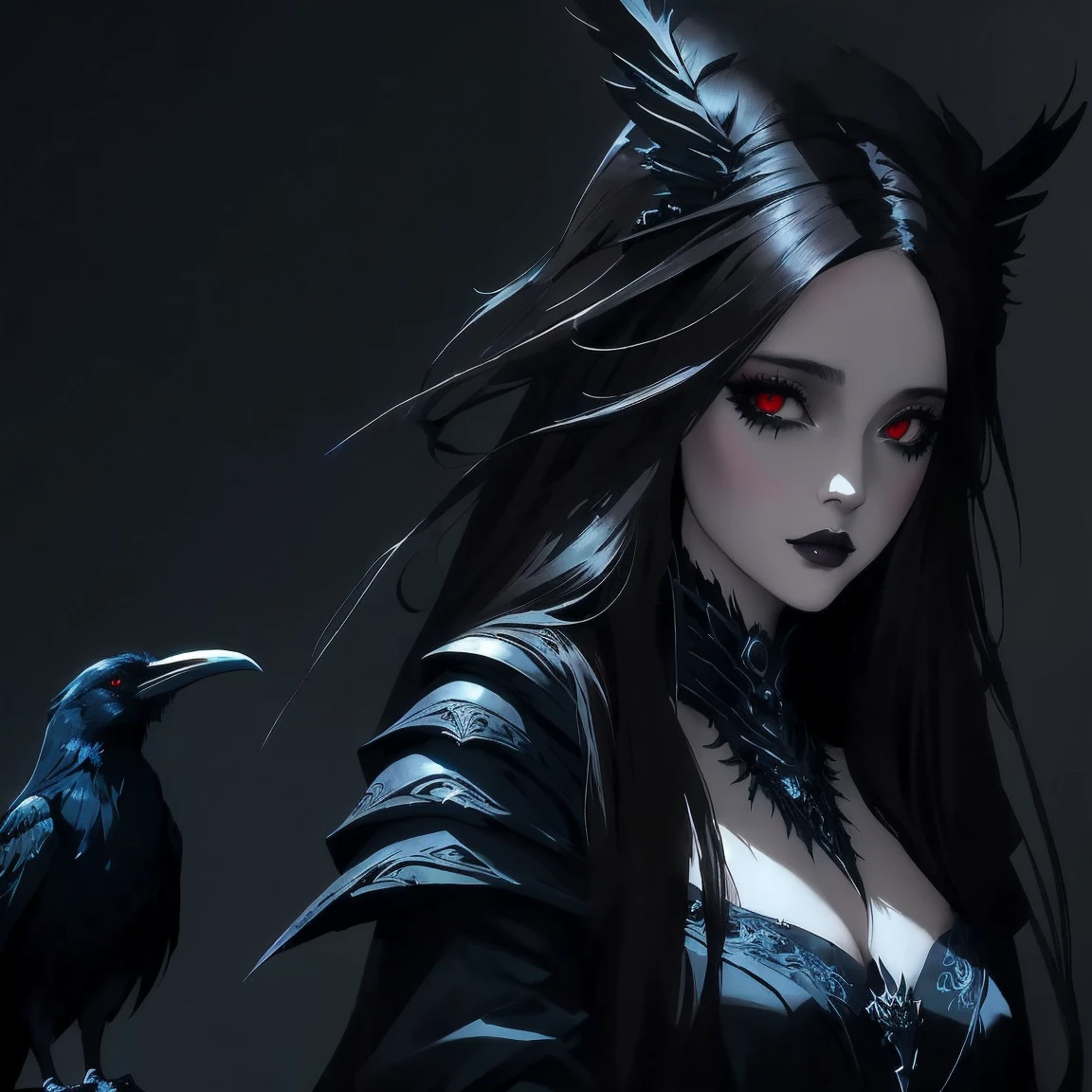 ((Masterpiece)), ((best qualyty)), there is a demonic woman, linda, (rosto_lindo), pele perfeita, ((globos_oculares_brancos): 1.2), your eyes do not have irises and pupils, olhoss brancos, small horns betray its diabolical origin, ((chifres_pequenos): 1.0), vestido preto, ((cabelos pretos, cabelos lisos,): 1.0), with a black bird on his shoulder, corvo negro, (corvo negro: 1.0), ((perching bird_no_ombro)), the bird is a black crow, arte de estilo fantasia sombria, gothic fantasy art, arte de fantasia sombria, fantasia sombria misturada com realismo, in style of arte de fantasia sombria, Artgerm e Rossdraws, Artgerm e Tom Bagshaw, vampira com asas de corvo, wlop e artgerm, artgerm extremamente detalhado