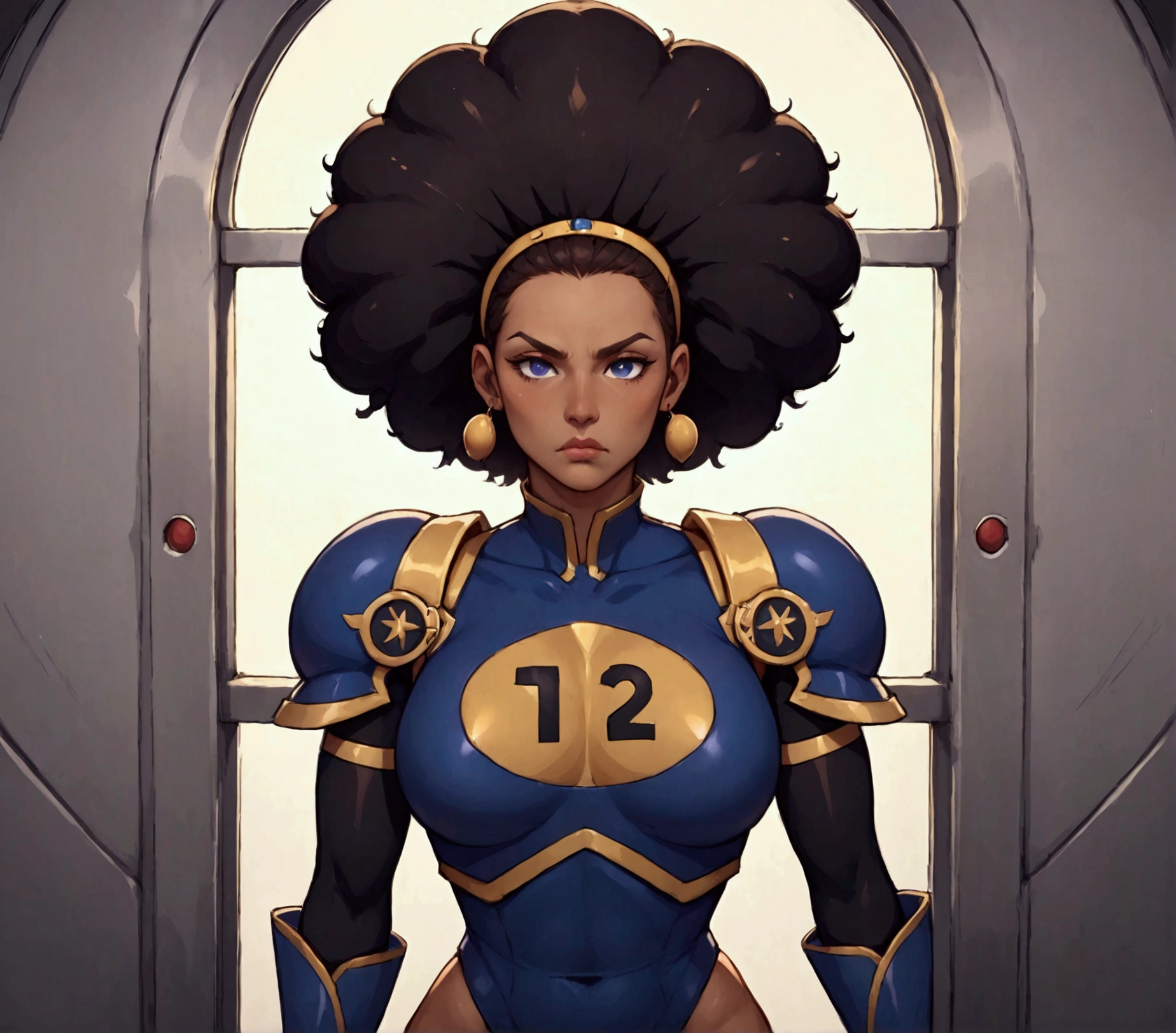 1woman, in a spaceship, hands holding own hips, seductive smirk, big breasts, wide hips, big ass, storm from x-men costume, Garnet,black afro,navel,standing,upper body,retro shades, curvy,smile,standing, toned, big lips