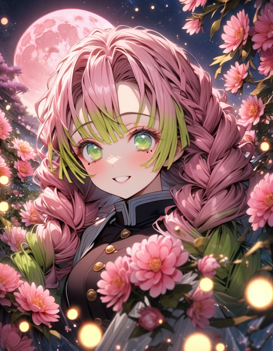 absurdres, highres, ultra detailed, HDR, master piece, best quality, extremely detailed, Kanroji Mitsuri, pink hair, expressive green eyes, mole under the eyes, Kimetsu No Yaiba, solo, woman, beautiful, smile, demon slayer uniform, fantasy, water, sparkling, pink glittering fireflies, pink moon, pink blossoms, pink chrysanthemums, pink sparkling lights, starry sky, magical