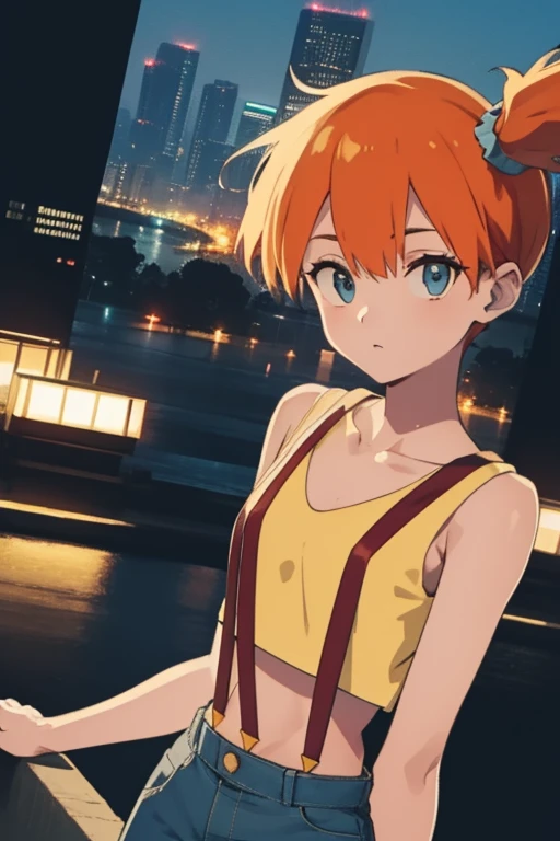 grownup misty (blue eyes:1.7), ((orange hair with a scrunchie), (flat chest:1.2),stretching, arms raised up, waking up to a beautiful Tokyo nightscape, BREAK collarbone, very ((yellow cropped shirt, red suspenders and denim pants)), bare arms, bare shoulders, bare legs, twenty-year old woman BREAK looking at viewer, BREAK outdoors, standing on a building watching the city at night, BREAK (masterpiece:1.2), best quality, high resolution, unity 8k wallpaper, (illustration:0.8), (beautiful detailed eyes:1.6), extremely detailed face, perfect lighting, extremely detailed CG, (perfect hands, perfect anatomy), full body shot