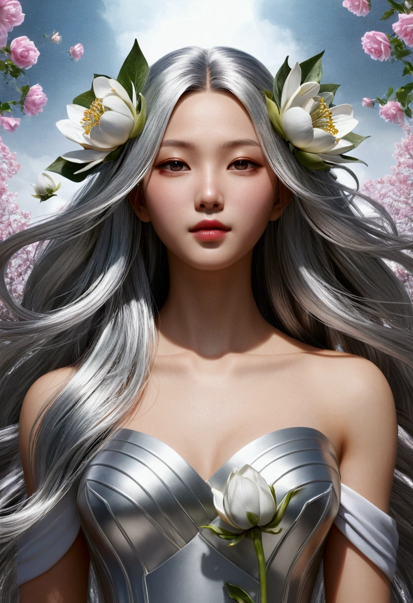 masutepiece、best composition、Photorealsitic、A hyper-realistic、Metal Flowers、born of god&#39;beautiful buds、Beautiful goddess with long silver hair。, Huge, metallic flower.