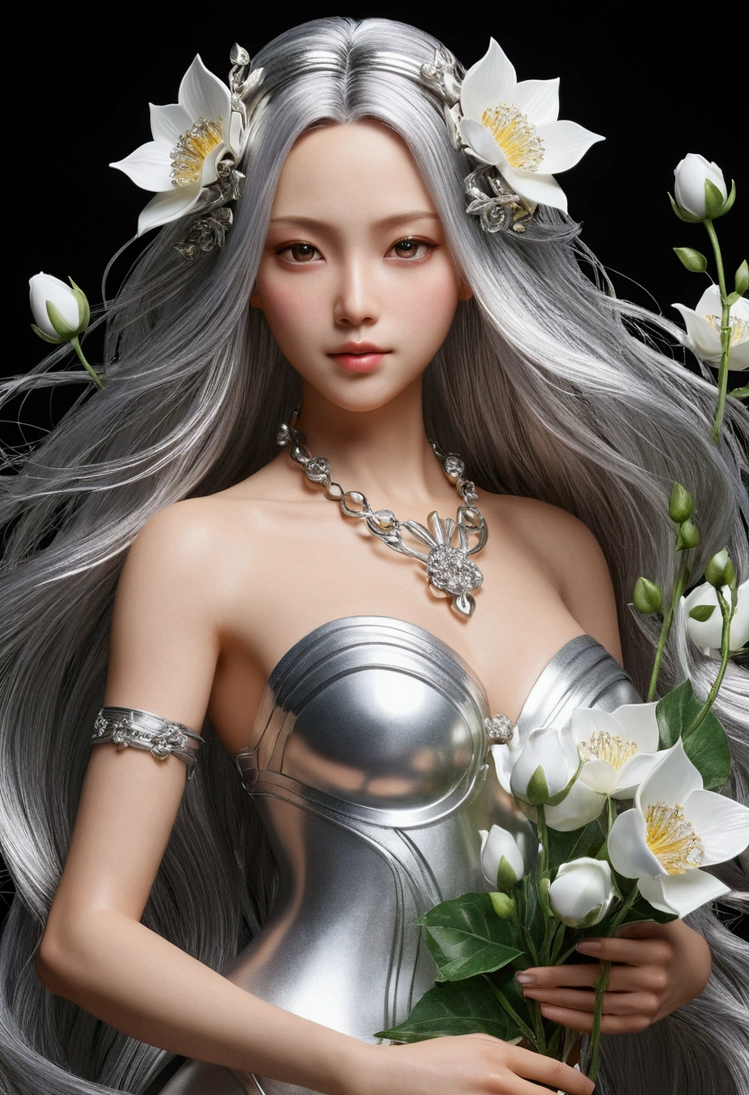 masutepiece、best composition、Photorealsitic、A hyper-realistic、Metal Flowers、born of god&#39;beautiful buds、Beautiful goddess with long silver hair。, Huge, metallic flower.