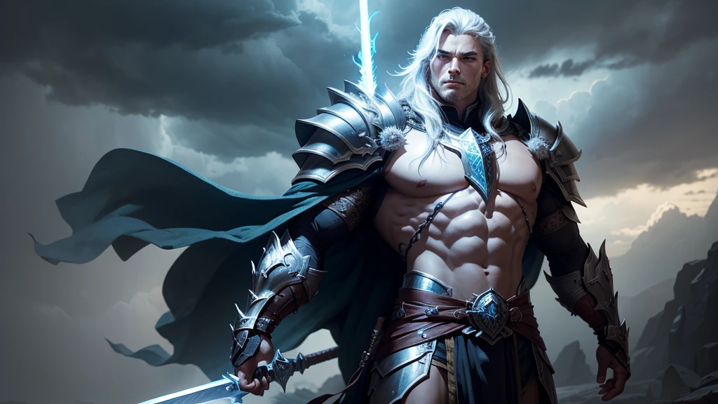 "Create an image of Eldric, the legendary hero. He should be depicted with a majestic, imposing presence, wearing ancient and powerful armor. His weapon should be a unique, glowing sword. The setting should be dramatic, with a dark, stormy sky and an aura of mystery around him."