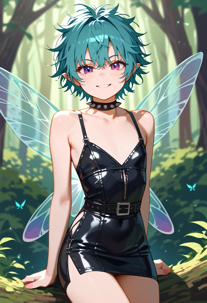 score_9, score_8_up, score_7_up, best quality, masterpiece, source_anime, anatomically correct, 1girl, short dress, messy hair, leather dress, spiked jewelry, lingerie, fairy wings, cyan hair, short hair, messy bangs, beautiful face, detailed eyes, narrowed-eyed, violet eyes, flat chest, smug expression, seductive pose, Dynamic portrait, woods, stream, fantasy, blushyspicy