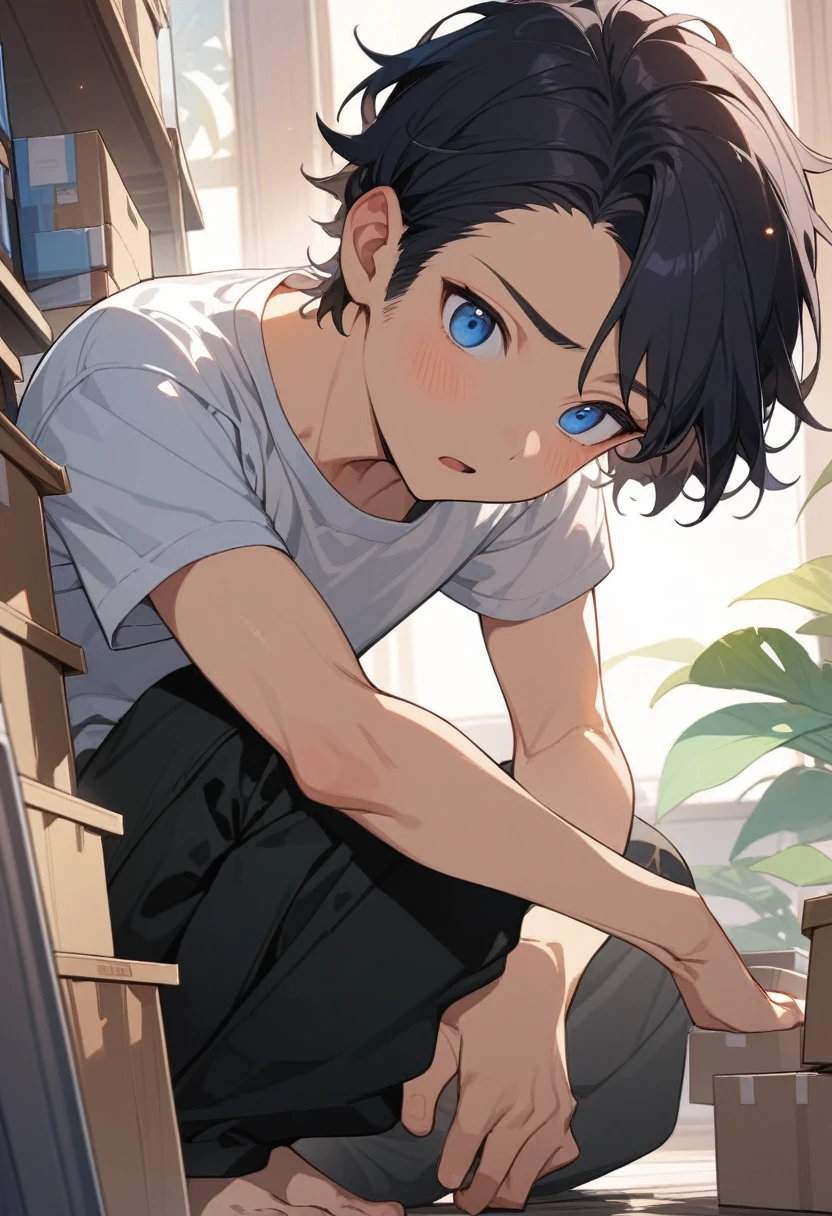 masterpiece, best quality, extremely detailed, ultra detailed, flat anime, 2D, ((1boy)),black hair, (short hair:1.5),blue eyes, height 1.7meters, (circle eyes:1.2), (young adult:1.2), Ear-length sideburns, long Sleeves, White T-shirt, barefoot, ((short sleeves)), ((long pants)), squatting, open mouth, summer, 12AM, livingroom,organizing the boxes., ((portrait)),full body,expressionless