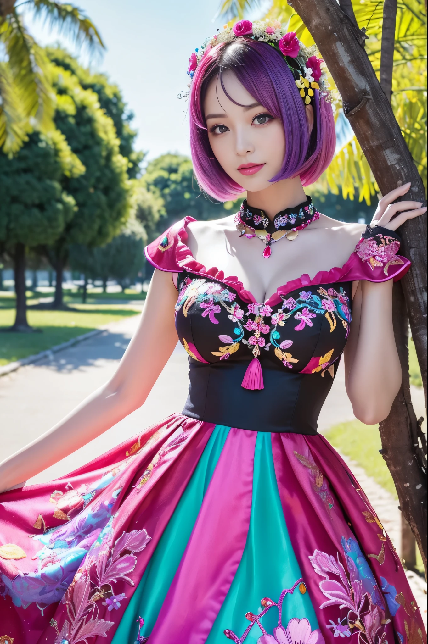 (masterpiece:1.4), (best quality:1.4), ultra high res, ultra high resolution, ((detailed facial features)), HDR, (realistic, photorealistic, photo-realistic:1.37), full body Esbian, sexy swedish model, (-anime), only 1 model, vivid colors, ((vivid colors multicolor (fuchsia, pink, light blue, purple) very short hair)), (seductive smile), lip-gloss, long lashes, defined eyebrows, wearing large sparkling colorful jewelery, wearing a red silk Paradise Kiss cosplay dress with black floral embroidery, ((vivid colors outfit)), vivid colors, look at the camera, cinematic light, large park background with trees, sweet and sexy pose