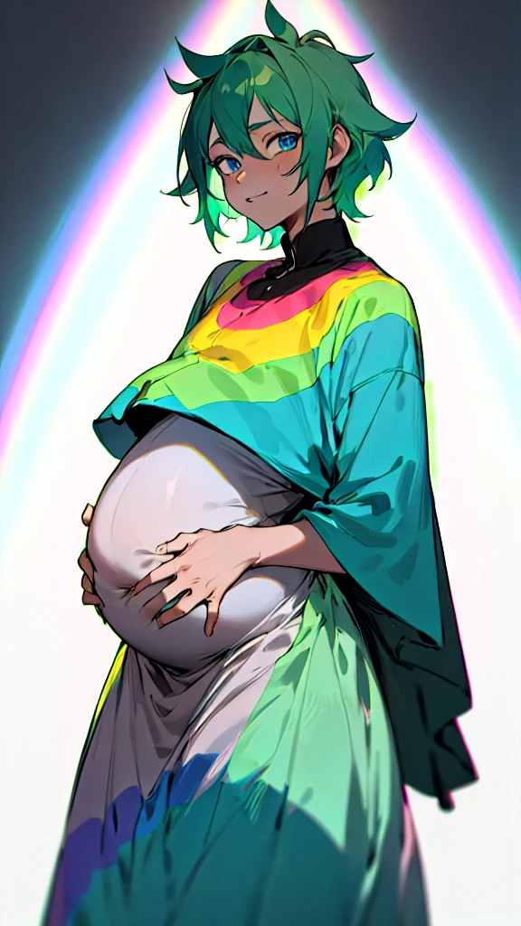 Pregnant trans man, dark green hair, blue eyes, rainbow dress