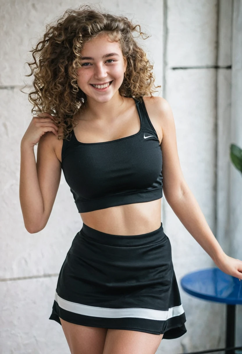 girl of , European appearance, black crop top, Black short skirt, White running shoes, large hanging breasts, smile on your face, curly hair, undresses showing tits