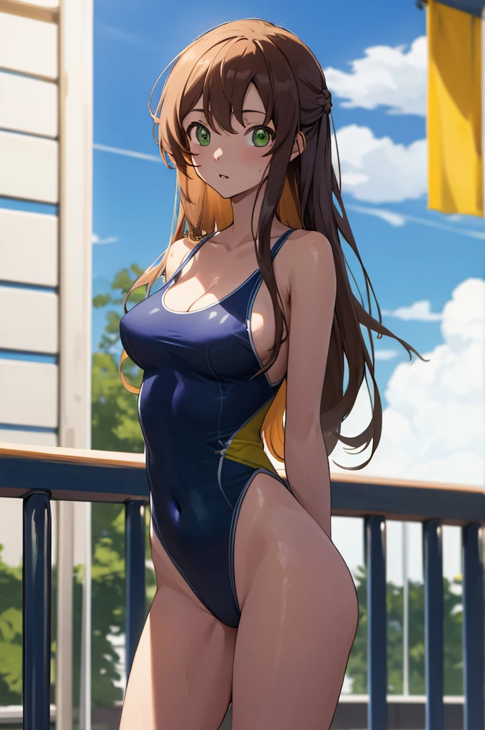 masterpiece, best quality, highres, hmshir, long hair, green eyes, one-piece swimsuit, school swimsuit, competition swimsuit, pool, standing, cowboy shot,