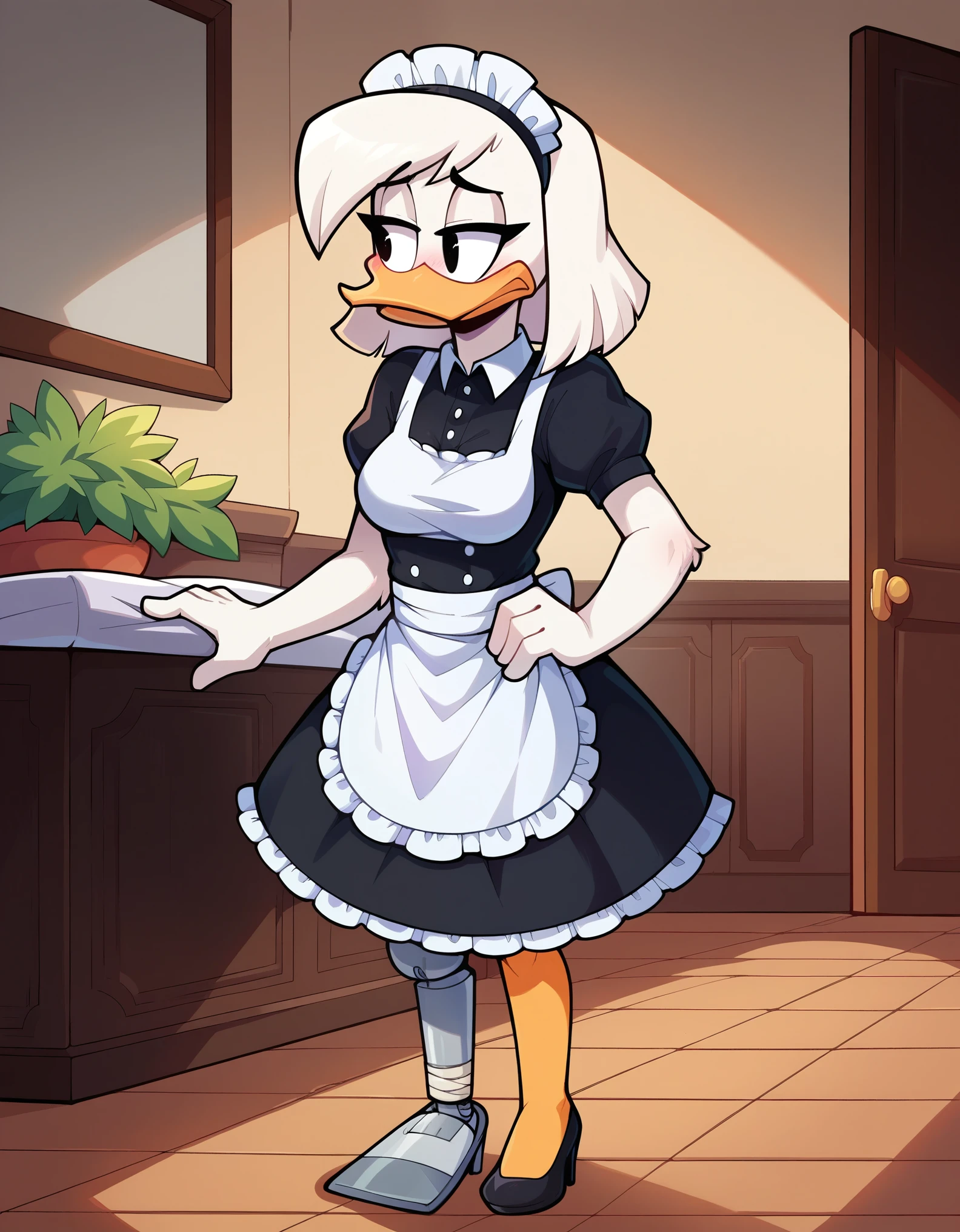 score_9, score_8_up, score_7_up, score_6_up, best quality, highres, source_furry, BREAK
 drocll BREAK
1girl, mansion, inside, standing, solo, furry, duck, della duck, beak, white skin, white body, white hair, shoulder length hair, black eyes, orange legs (brass leg, prosthetic leg), heels, mouth closed, frown, half-closed eyes, blush, looking aside, breasts, maid uniform, maid headdress, maid apron, pantyhose, leggings 