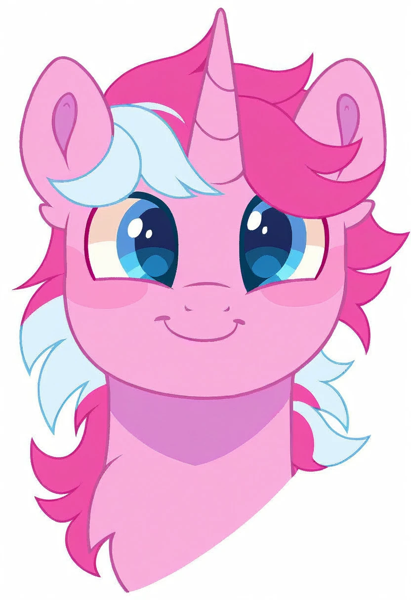 rating_safe, score_9, cute MALE pony, light pink body, bicolour mane, silver and pink two-tone hair, unicorn pony, blue eyes, white background, 