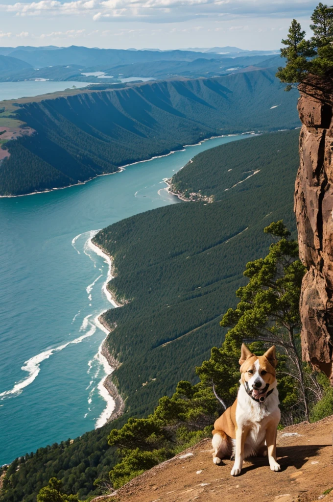 A dog on a cliff looking at a landscape