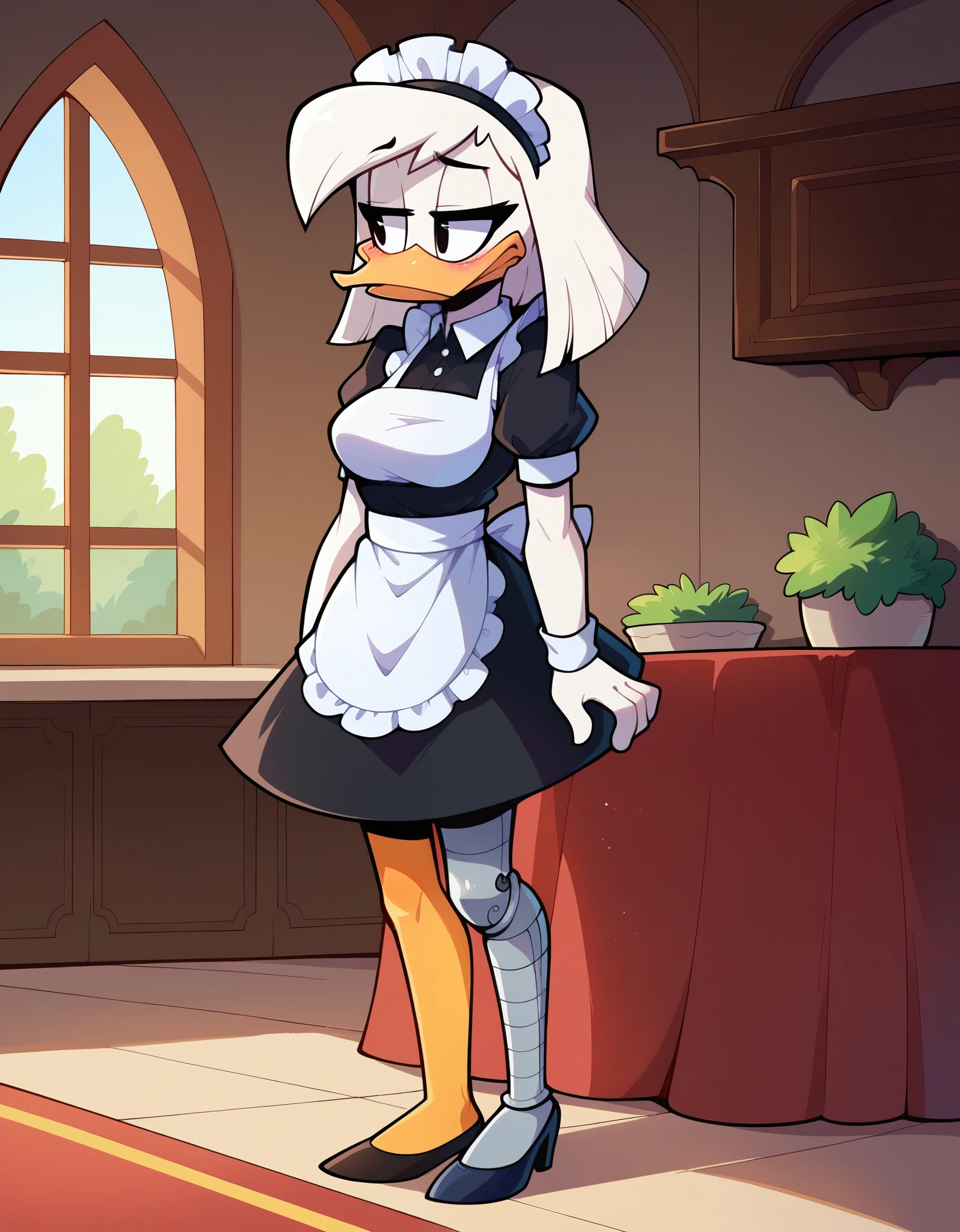 score_9, score_8_up, score_7_up, score_6_up, best quality, highres, source_furry, BREAK
 drocll BREAK
1girl, mansion, inside, standing, solo, furry, duck, della duck, beak, white skin, white body, white hair, shoulder length hair, black eyes, orange legs (brass leg, prosthetic leg), heels, mouth closed, frown, half-closed eyes, blush, looking aside, breasts, maid uniform, maid headdress, maid apron, pantyhose, leggings 