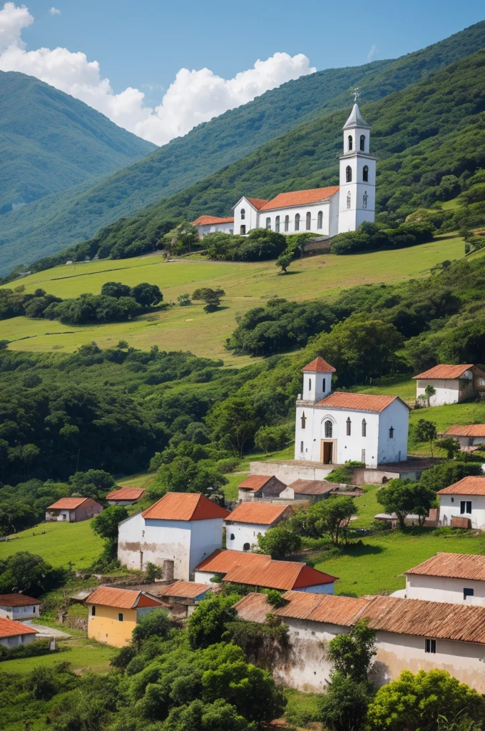A 1700s church in Brazil on top of a hill painted in the Romero Brito style