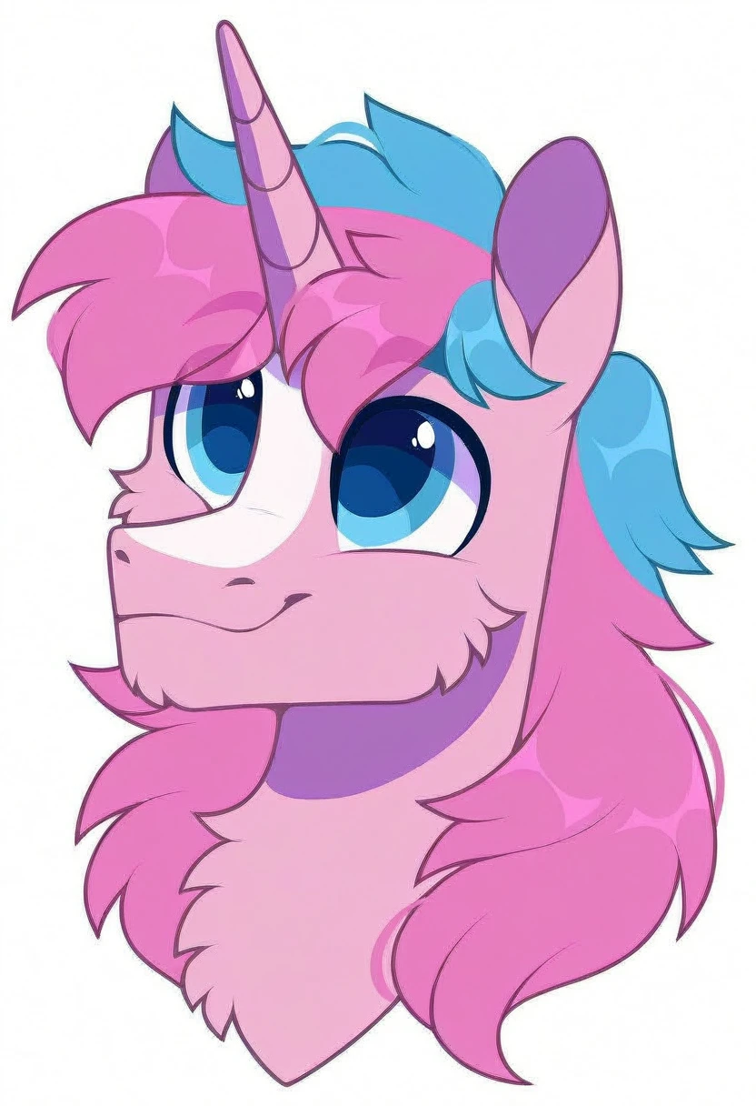 rating_safe, score_9, a cute male pony, blue eyes, fluffy, light pink body, bicolour mane, pink and white two-tone hair, unicorn pony, white background, portrait