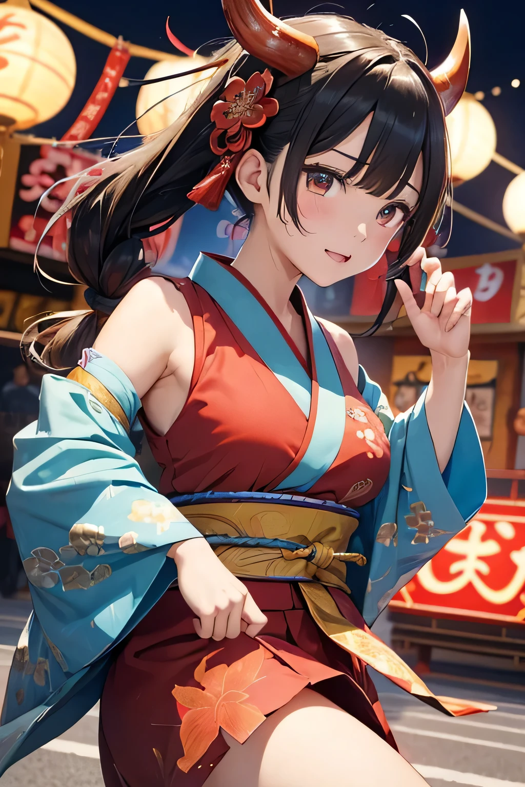 Highest quality、High resolution、Detailed Background、(Beautiful face in every detail:1.4)、Anatomically correct、Detailed facial expressions、(Detailed eyes:1.2)、Teenage beauty、(Huge breasts:1.2)、Light color hair、Braided Ponytail、Braided bob cut、Bun Hair、cute gesture、night、Nebuta Festival、
(Beautiful girl in yukata enjoying the Nebuta Festival:1.5)、
Nebuta Festivalのnight、Streets lit by lanterns、people々Wearing yukata or happi coat、Bustling with excitement、The sounds of drums and flutes echoed throughout the place.、The Nebuta festival music envelops the entire town、A giant Nebuta float slowly advances、Nebuta are huge floats made from Japanese paper and bamboo.、
Brave warriors and beautiful goddesses、Depicts mythical creatures、Lanterns are hung on top of the Nebuta and candles are lit inside.、It moves forward while emitting a fantastic light.、
Dancers called Haneto parade around the Nebuta、Haneto dance with powerful leaps to the accompaniment of Nebuta music.、people々In tune with the calls of the dancers,「Russell、Russell」exclaimed、people々Filled with excitement and dynamism、An unforgettable festival、
Cool colors such as blue and green、Yukata with Nebuta motifs、Bright colors such as red and yellow、
Belts with gold or silver threads、The obijime (sash fastener) is colored to match the obi color.、Matching the atmosphere of Nebuta Festival、Hairpins and flower decorations、Small items such as fans and drawstring bags、cute