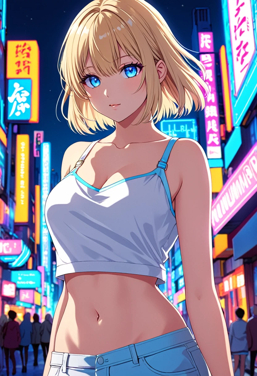 masterpiece, top-quality, ultra-detailliert, Ridiculous, Cute Android 18DB Portrait, 独奏, 耳Nipple Ring, jewely, a smile, barechested、fullnude、teats、a necklace, Bustling cyberpunk street background with neon signs, volume illumination, top-quality, masterpiece, foco nítido, ultra-detailliert,