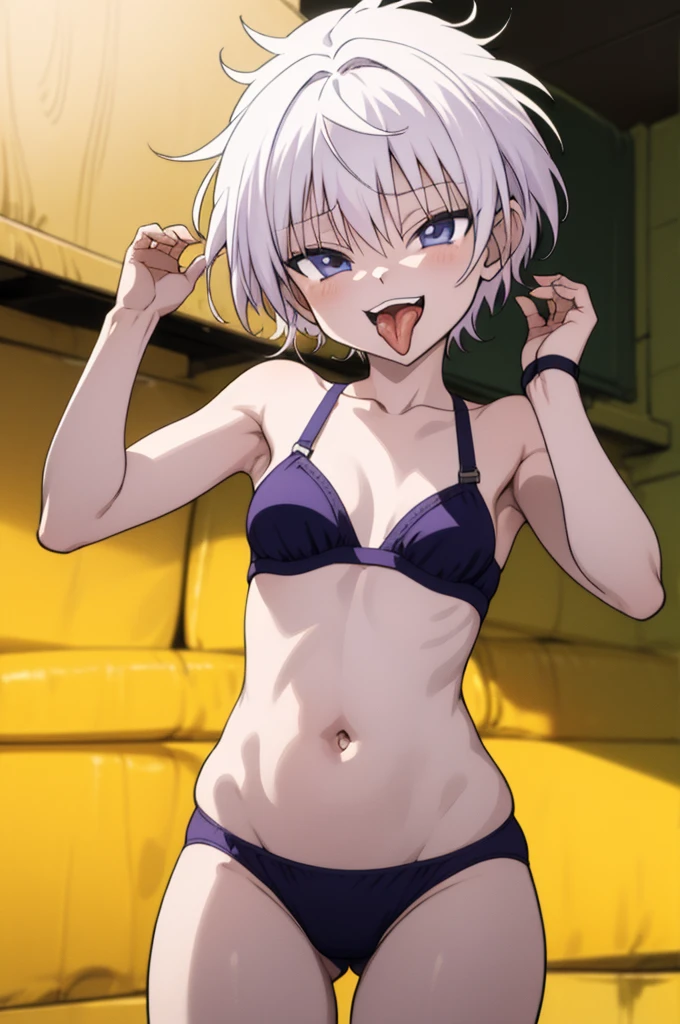 masterpiece, best quality, high quality, 1girl, solo, ,open mouth,tongue, looking at viewer, , killua_zoldyck, bra,panties,small breasts,cowboy shot