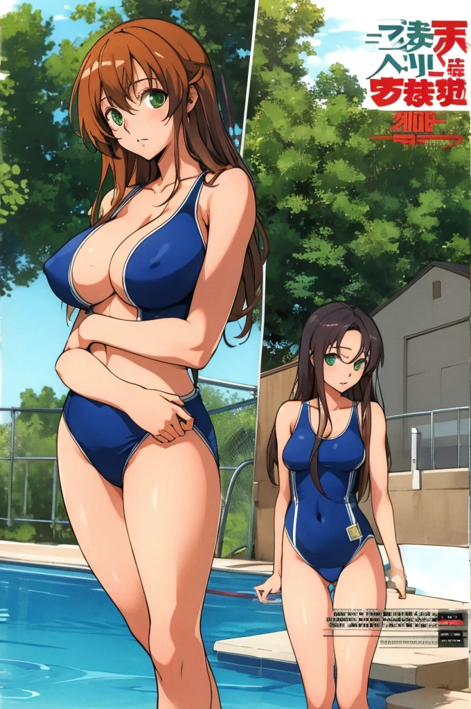 masterpiece, best quality, highres, hmshir, long hair, green eyes, one-piece swimsuit, school swimsuit, competition swimsuit, pool, standing, cowboy shot,