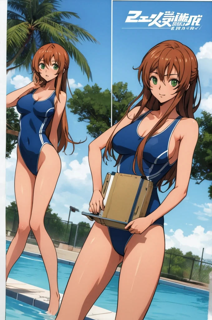 masterpiece, best quality, highres, hmshir, long hair, green eyes, one-piece swimsuit, school swimsuit, competition swimsuit, pool, standing, cowboy shot,