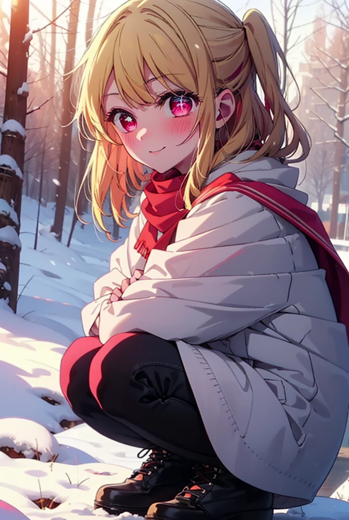 rubyhoshino, Hoshino Ruby, Long Hair, bangs, blonde, (Pink Eyes:1.3), Side Lock, (Symbol-shaped pupil:1.5), Multicolored Hair, Two-tone hair, smile,,smile,blush,white breath,
Open your mouth,snow,Ground bonfire, Outdoor, boots, snowing, From the side, wood, suitcase, Cape, Blurred, , forest, White handbag, nature, Squat, Mouth closed, Cape, winter, Written boundary depth, Black shoes, red Cape break looking at viewer, Upper Body, whole body, break Outdoor, forest, nature, break (masterpiece:1.2), Highest quality, High resolution, unity 8k wallpaper, (shape:0.8), (Beautiful and beautiful eyes:1.6), Highly detailed face, Perfect lighting, Highly detailed CG, (Perfect hands, Perfect Anatomy),