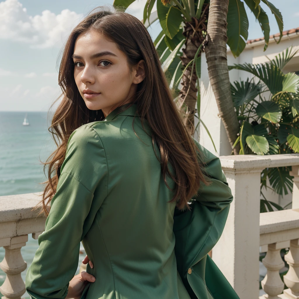 Create a very realistic and beautiful model with the following detailed features: Gender: Female, Age: Young adult (approximately 20-25 years old), Hair: Long, wavy and reddish with a natural shine, gently cascading around the shoulders and back back. . . . . . . . . . . . , Eyes: Bright green with a captivating, slightly almond-shaped look, detailed with natural highlights, Skin: Fair complexion with a light texture, including natural freckles on the nose and cheeks, giving a youthful and vibrant appearance: Fair complexion with a light texture, including natural freckles on the nose and cheeks, giving a youthful and lively appearance, Face: with a smooth and natural contour, soft and full lips with a slight pinkish tint and a slightly delicate upturned nose, Expression : a gentle face, with a touch of mischief, which conveys warmth and approachability, Clothing: in a green suit and sunglasses standing on a bridge, wearing a pink suit, a green suit, a green outfit, a green suit and glasses , a green futuristic suit, a green silky outfit, fashionable green clothes, a Girl in a suit, wear green clothes, Girl in a suit, Smooth green tight-fitting suit, wear an elegant outfit, haute couture chic, All green, Background : the model is on an elegant flowered terrace, beginning on an open roof, end of sunny day, sea view in the background.
Pose: relaxed and confident posture, beginning on an open-air rooftop, end of sunny day, sea view in the background. aesthetic, Unsplash, Neoclassicism, Complex background, Best quality, hyper detailed, Gratty Sita, K, Light design