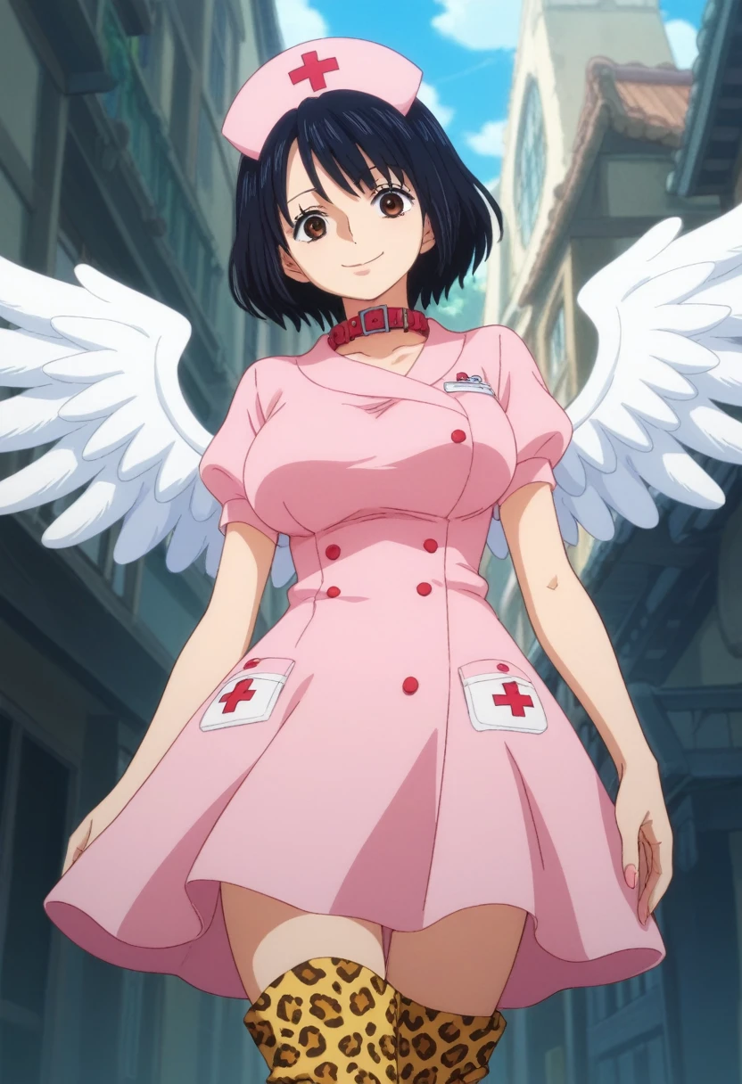 score_9, score_8_up, score_7_up, best quality, masterpiece, source_anime, anime screencap, one_piece_wano_style, clear face, 1girl, solo, black hair, middle short hair, White diadem on her head, brown eyes, large breasts,White wings on her back, nurse pink dress With the collar open , one-piece dress, outdoor, smile, looking at viewer, Leopard Print Thigh High Boots,