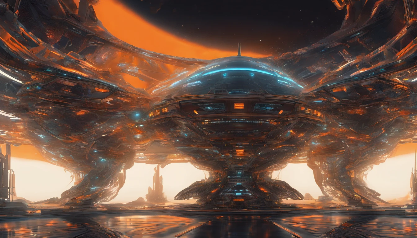 Sci-fi starship embodies biomechanical design, complex and detailed against the stark contrast of space, intricate beams and panels reflect an orange and beige palette, enveloped in a blur and haze that adds a mysterious ambiance, features illuminated by strategic lighting effects evoking drama, dark ambience, spacecraft designed in the manner of Ridley Scott, Mary Shelley, and James Cameron influences, includes an overlay of vintage da Vinci, Broken Glass effect, no background, stunning, something that even doesn't exist, mythical being, energy, molecular, textures, iridescent and luminescent scales, breathtaking beauty, pure perfection, divine presence, unforgettable, impressive, breathtaking beauty, Volumetric light, auras, rays, vivid colors reflects((The space station is a amalgamation of Babylon 5 & Deep Space 9)), there are ((Starfleet ships)) and almost any ship, from (((Star Trek Deep Spaces' 9 years))). The styles are, from (((Gerry and Silvia Anderson))), ((Judith Garfield)), and ((Reeves-Stevens)). (((Fractal elements by John William Turner))) are also present.