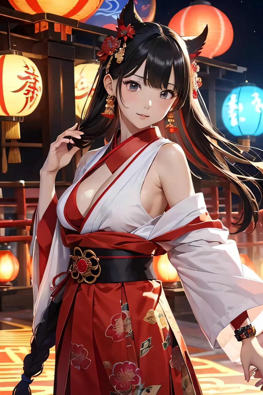 Highest quality、High resolution、Detailed Background、(Beautiful face in every detail:1.4)、Anatomically correct、Detailed facial expressions、(Detailed eyes:1.2)、Teenage beauty、(Huge breasts:1.2)、Light color hair、Braided Ponytail、Braided bob cut、Bun Hair、cute gesture、night、Nebuta Festival、

(Beautiful girl in yukata enjoying the Nebuta Festival:1.5)、

Nebuta Festivalのnight、Streets lit by lanterns、people々Wearing yukata or happi coat、Bustling with excitement、The sounds of drums and flutes echoed throughout the place.、The Nebuta festival music envelops the entire town、A giant Nebuta float slowly advances、Nebuta are huge floats made from Japanese paper and bamboo.、

Brave warriors and beautiful goddesses、Depicts mythical creatures、Lanterns are hung on top of the Nebuta and candles are lit inside.、It moves forward while emitting a fantastic light.、

Dancers called Haneto parade around the Nebuta、Haneto dance with powerful leaps to the accompaniment of Nebuta music.、people々In tune with the calls of the dancers,「Russell、Russell」exclaimed、people々Filled with excitement and dynamism、An unforgettable festival、

Cool colors such as blue and green、Yukata with Nebuta motifs、Bright colors such as red and yellow、
Belts with gold or silver threads、The obijime (sash fastener) is colored to match the obi color.、Matching the atmosphere of Nebuta Festival、Hairpins and flower decorations、Small items such as fans and drawstring bags、cute