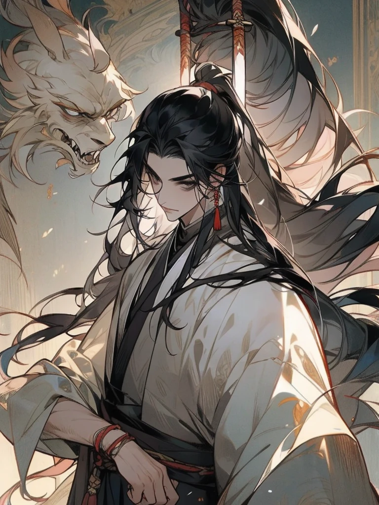 A man, long black hair tied into a ponytail, dark eyes, fair skin, thin body, ancient style clothing, black clothes, mask, long sword, assassin