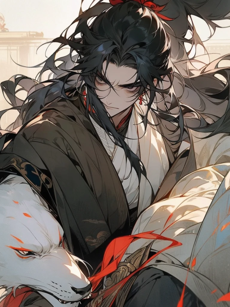 A man, long black hair tied into a ponytail, dark eyes, fair skin, thin body, ancient style clothing, black clothes, mask, long sword, assassin