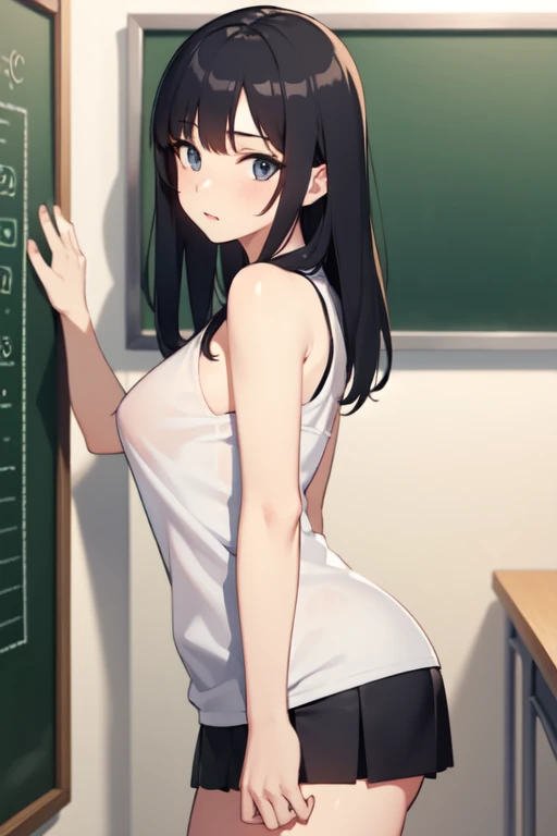 Create adult content images of a teacher with black hair in front of the blackboard, the teacher is naked, without any clothes, on the upper part of her body and wearing a short skirt on the lower part. 