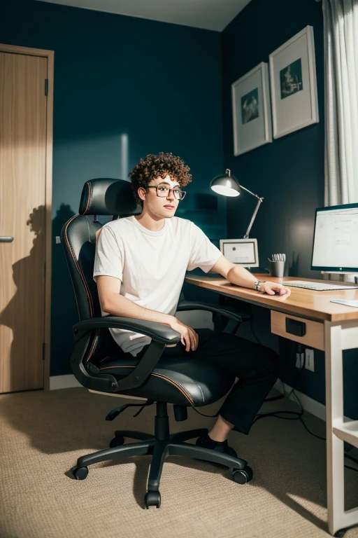 25 year old man, wears glasses, short and curly hair, sitting on the chair using the gaming computer, in the room with the computer, the table and chair are leaning against the corner of the wall with the bed next to it, a real way like vision in third person, 9:16, Surrealism, Social realism, UHD, anatomically correct, high details