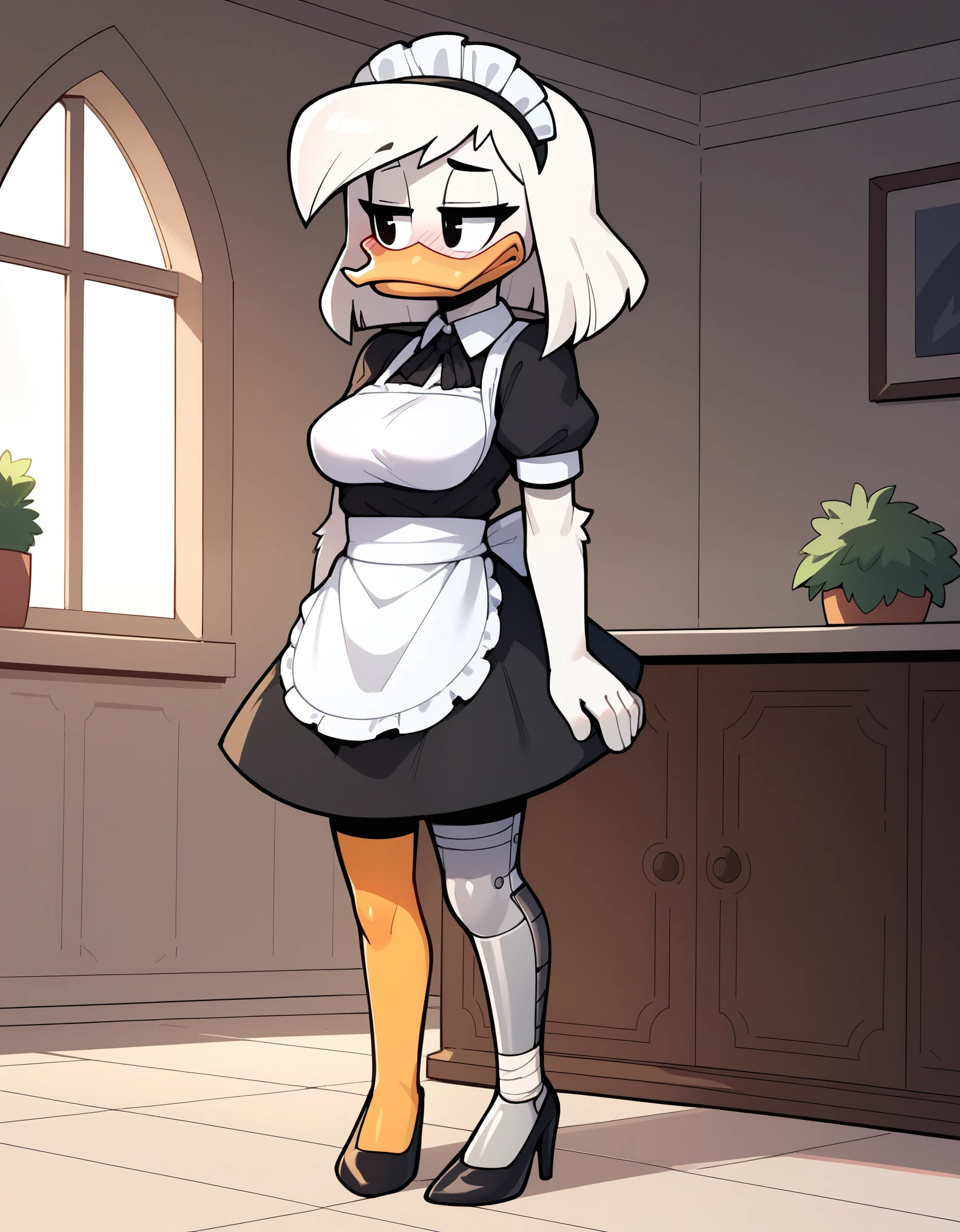 score_9, score_8_up, score_7_up, score_6_up, best quality, highres, source_furry, BREAK
 drocll BREAK
1girl, mansion, inside, standing, solo, furry, duck, della duck, beak, white skin, white body, white hair, shoulder length hair, black eyes, orange legs (brass leg, prosthetic leg), heels, mouth closed, frown, half-closed eyes, blush, looking aside, breasts, maid uniform, maid headdress, maid apron, pantyhose, leggings 