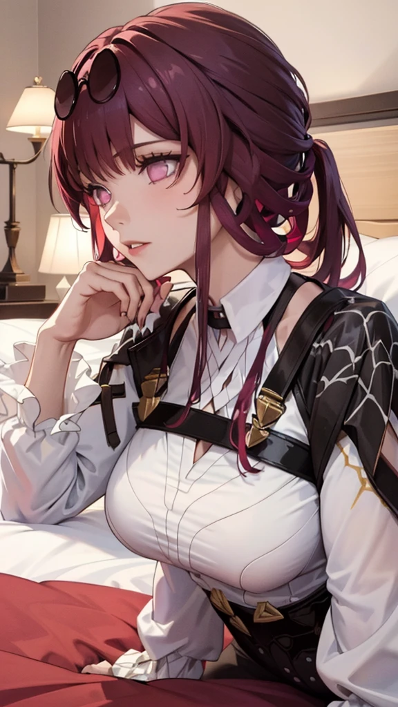 A woman kafka (dark red hairs , low ponytail) bangs , round sunglasses on head , white shirt , laying on bed (on stomach) , red colored room ,lying on bed big breasts, 