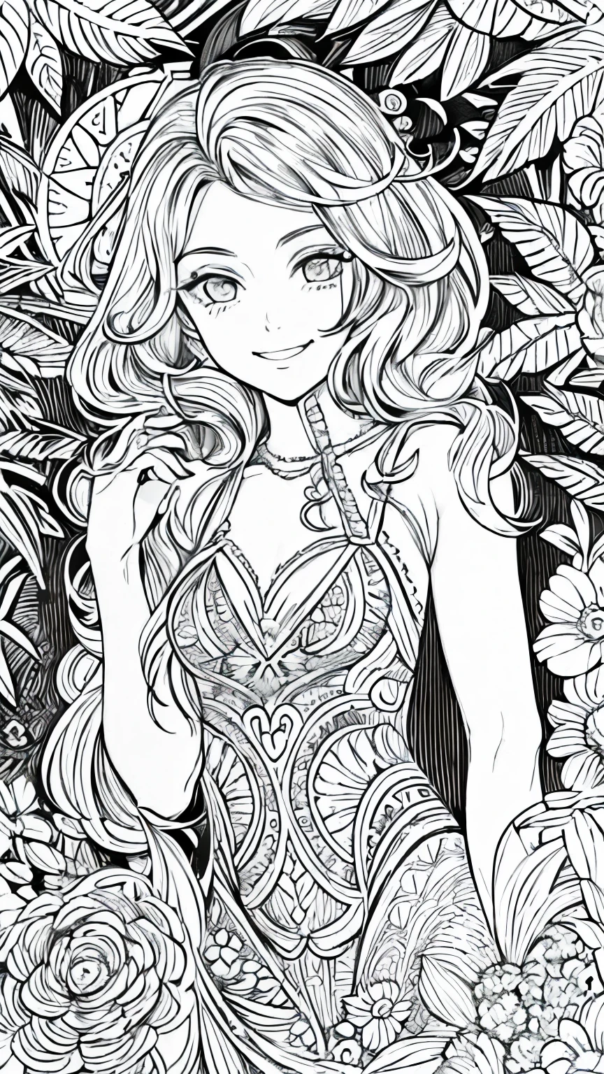 (Black and white coloring book:1.5), masterpiece, Highest quality, (Detailed Background), High Contrast, Highly detailed face, ((Eyes are clearly defined)), smile,Hair is white, whole body, Perfect for the summer beach、A sundress in vibrant colors and light fabric, Line drawings without color or shading, Beautiful line drawing, The outline is a thick line, Skinny