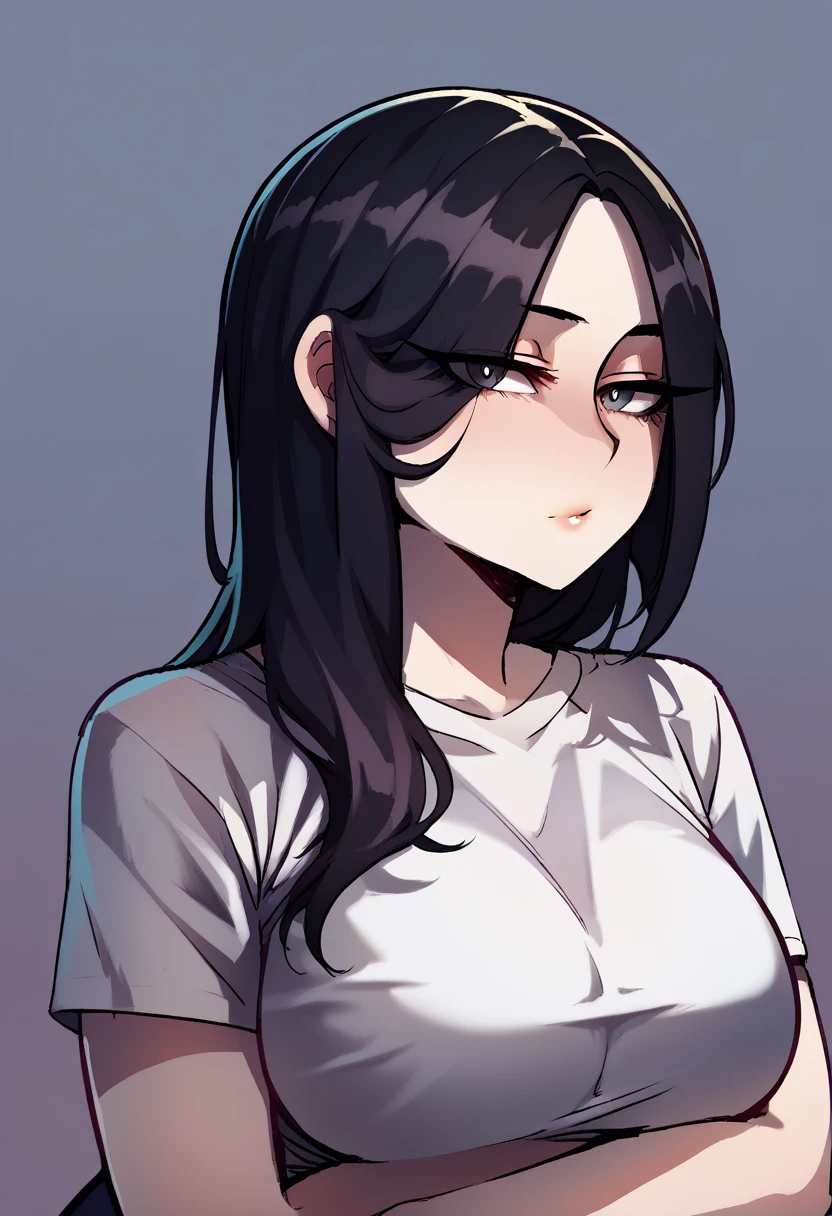 score_9, score_8_up, score_7_up, score_6_up, score_5_up, score_4_up, BREAK 1girl, intricate, white t-shirt,, looking at viewer, long hairstyle, straight long black hair, detailed background, breasts (masterpiece, high quality:1), upper body focus, youtuber, moistcr1tikal (streamer), penguinz0 (youtuber), gamer background, hair on front flowing down over breasts, expressionless.