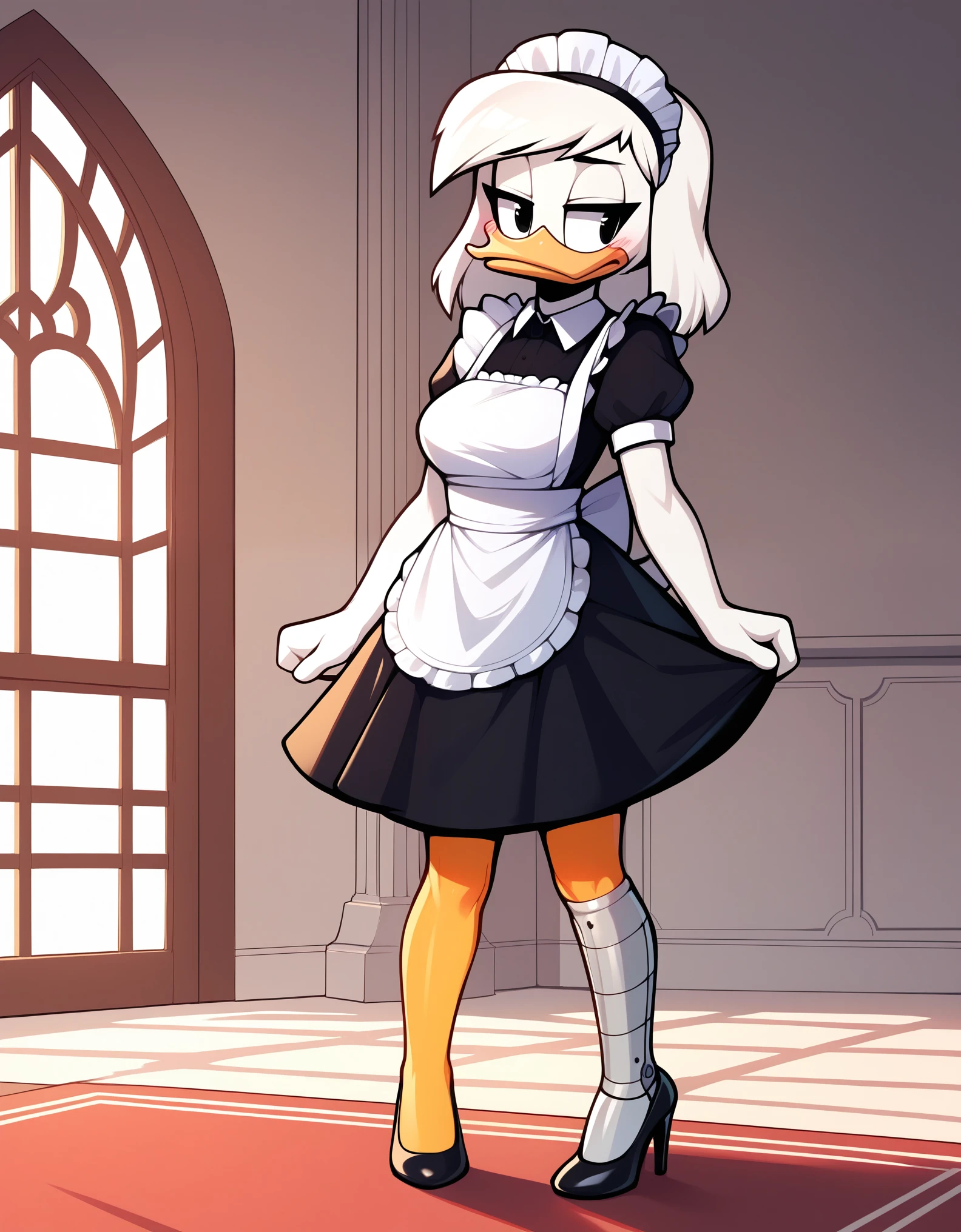 score_9, score_8_up, score_7_up, score_6_up, best quality, highres, source_furry, BREAK
 drocll BREAK
1girl, mansion, inside, standing, solo, furry, duck, della duck, beak, white skin, white body, white hair, shoulder length hair, black eyes, orange legs (brass leg, prosthetic leg), heels, mouth closed, frown, half-closed eyes, blush, looking aside, breasts, maid uniform, maid headdress, maid apron, pantyhose, leggings 