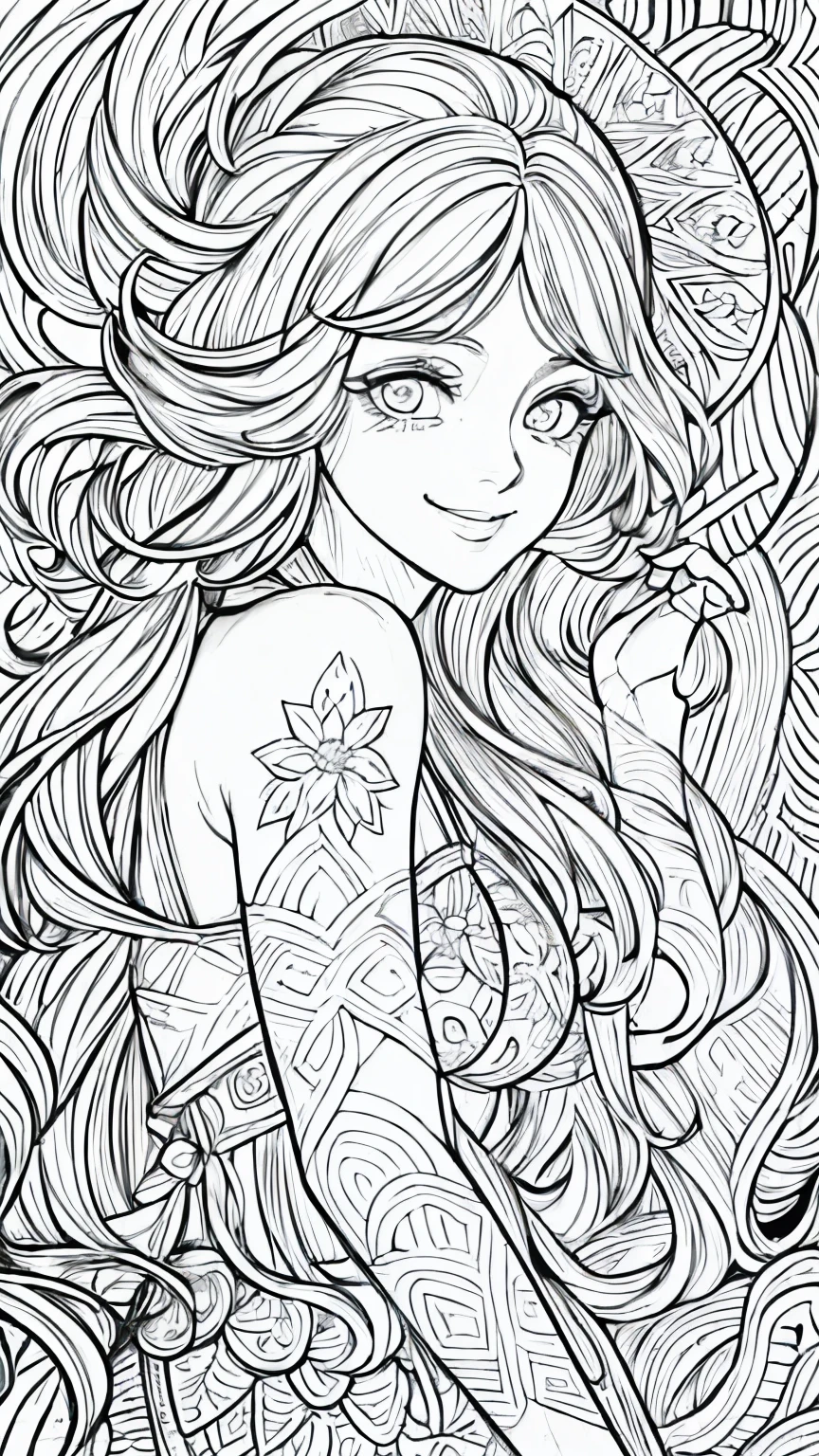 (Black and white coloring book:1.5), masterpiece, Highest quality, (Detailed Background), High Contrast, Highly detailed face, ((Eyes are clearly defined)), smile,Hair is white, whole body, Perfect for the summer beach、A sundress in vibrant colors and light fabric, Line drawings without color or shading, Beautiful line drawing, The outline is a thick line, Skinny