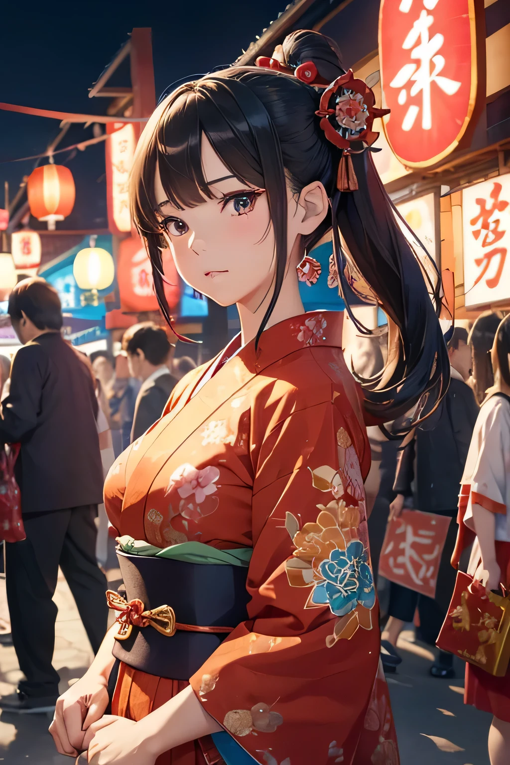Highest quality、High resolution、Detailed Background、(Beautiful face in every detail:1.4)、Anatomically correct、Detailed facial expressions、(Detailed eyes:1.2)、Teenage beauty、(Huge breasts:1.2)、Light color hair、Braided Ponytail、Braided bob cut、Bun Hair、cute gesture、night、Nebuta Festival、
(Beautiful girl in yukata enjoying the Nebuta Festival:1.5)、
Nebuta Festivalのnight、Streets lit by lanterns、people々Wearing yukata or happi coat、Bustling with excitement、The sounds of drums and flutes echoed throughout the place.、The Nebuta festival music envelops the entire town、A giant Nebuta float slowly advances、Nebuta are huge floats made from Japanese paper and bamboo.、
Brave warriors and beautiful goddesses、Depicts mythical creatures、Lanterns are hung on top of the Nebuta and candles are lit inside.、It moves forward while emitting a fantastic light.、
Dancers called Haneto parade around the Nebuta、Haneto dance with powerful leaps to the accompaniment of Nebuta music.、people々In tune with the calls of the dancers,「Russell、Russell」exclaimed、people々Filled with excitement and dynamism、An unforgettable festival、
Cool colors such as blue and green、Yukata with Nebuta motifs、Bright colors such as red and yellow、
Belts with gold or silver threads、The obijime (sash fastener) is colored to match the obi color.、Matching the atmosphere of Nebuta Festival、Hairpins and flower decorations、Small items such as fans and drawstring bags、cute