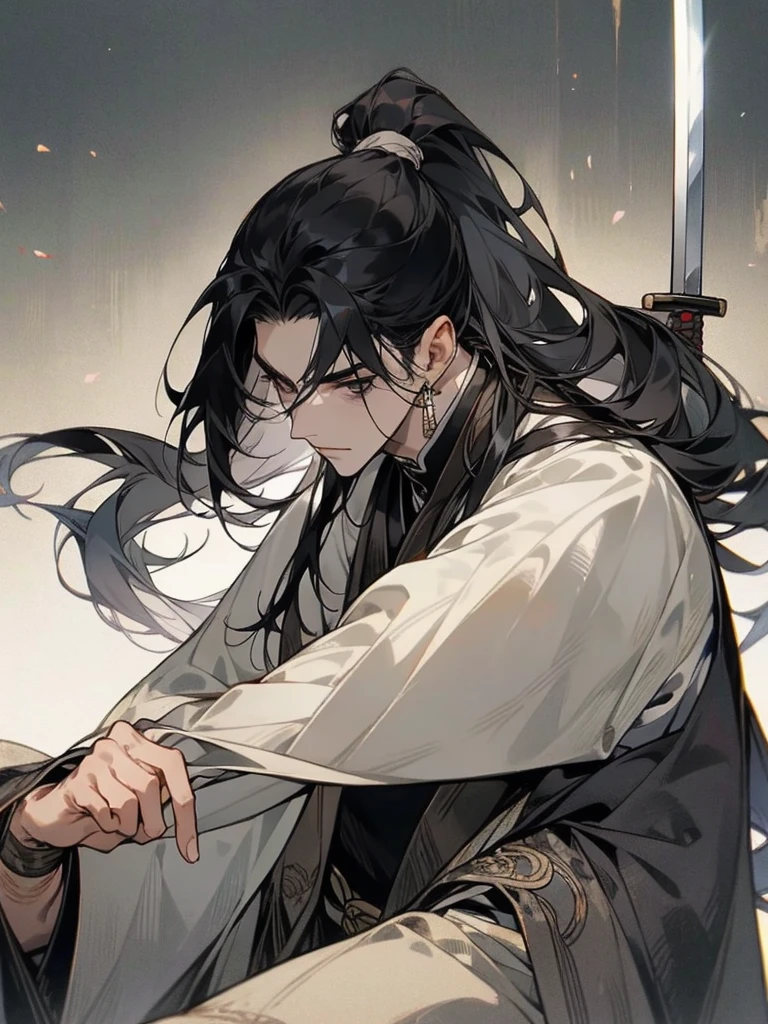 A man, long black hair tied into a ponytail, dark eyes, fair skin, thin body, ancient style clothing, black clothes, mask, long sword, assassin