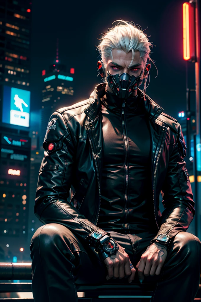 "dark theme :: closeup face focus, ultra realistic futuristic cyberpunk muscular male white hair sitting :: cyberpunk face (cyber eyes) :: cool cybernetic punk jacket red neon eyes :: shirtless:: mechanical intricate mask :: natural lighting :: bokeh :: 8k :: best quality :: masterpiece :: futuristic cityscape background"