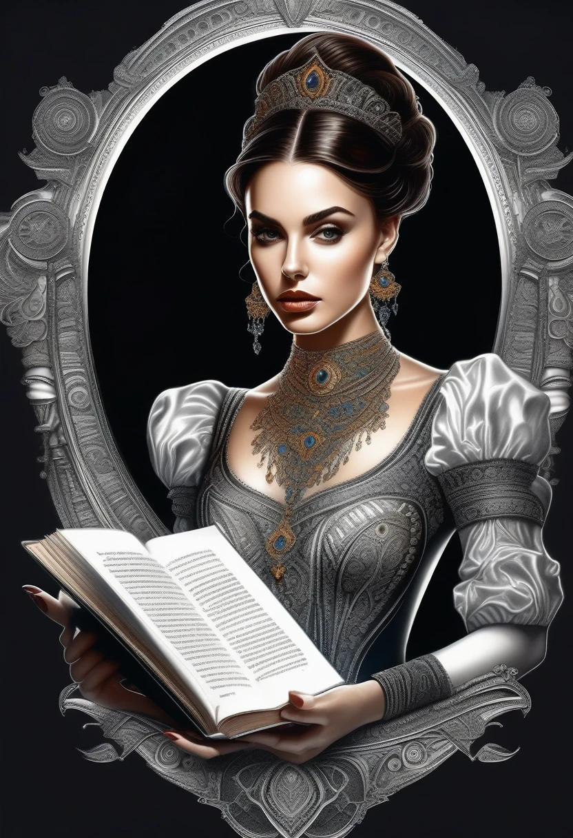 young female rouge of portraits, perfect balance of form and function, soft gaze eyes, black hair tied in messy bun, brown eyes, hold a book in 1 hand, ornate dagger on hip, fantasy of picture frame, RGB lighting dances across the sleek lines and intricate components, (((intricate detail matte paint of super illustration:1.3))), creating visual masterpiece will take breath away, fine detail brush stroke of pencil, Get ready to be amazed coloring, stunning fine details and delicate mesmerizing renderings, very own custom designed, tonal contrast, natural lighting, occultism cinematic still like, inside the temple of detail dark fantasy, correct and punctuality brush stroke, highly quality, accurate and polite crossover layer, oil paint coloring, gel ink coloring, grunge, gouache coloring,