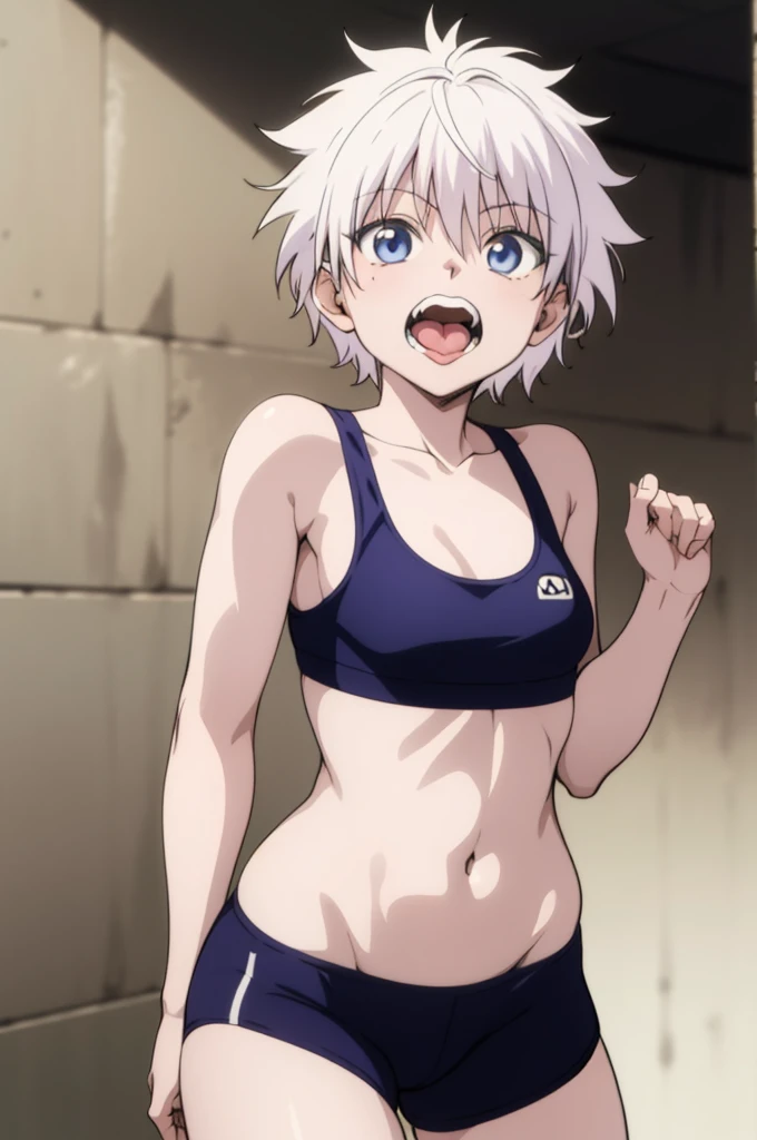 masterpiece, best quality, high quality, 1girl, solo, ,open mouth,tongue, looking at viewer, , killua_zoldyck, sports bra,bike shorts,small breasts,cowboy shot,sliver hair,(trembling)