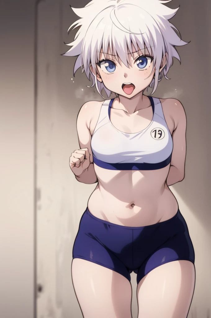 masterpiece, best quality, high quality, 1girl, solo, ,open mouth,tongue, looking at viewer, , killua_zoldyck, sports bra,bike shorts,small breasts,cowboy shot,sliver hair,(trembling)