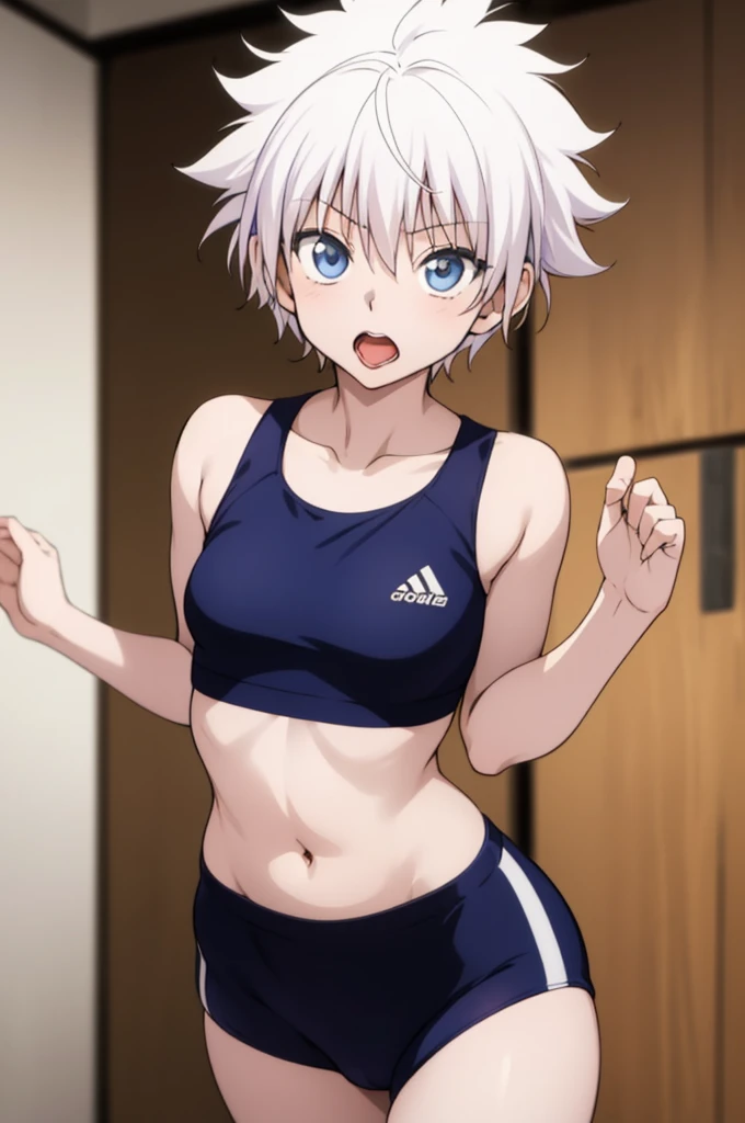 masterpiece, best quality, high quality, 1girl, solo, ,open mouth,tongue, looking at viewer, , killua_zoldyck, sports bra,bike shorts,small breasts,cowboy shot,sliver hair,(trembling:1.3),smile,cameltoe,blush