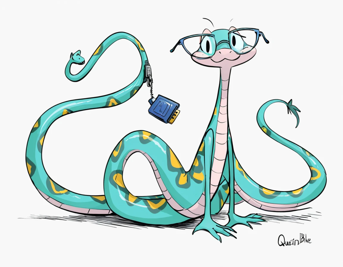 Snake with a zip-drive tail and glasses in quentin blake art style
