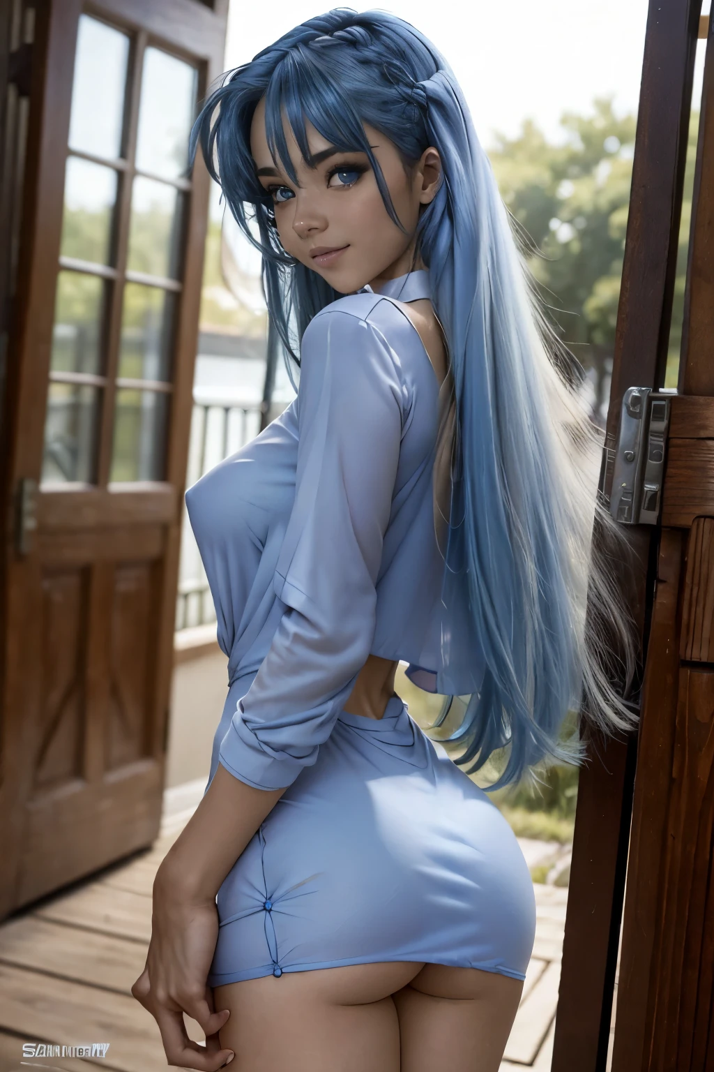 8k, high detailed picture, high quality picture, realistic style, masterpiece, (long blue hair:1.4), disheveled hair, (perfect blue eyes:1.4), big brightness eyes, dancing, happy face, smiling, perfect accurate white teeth, very young girl, samantha, (show breast:1.3), loose blue minidress, sexy dress, transparent dress, see-through dress, perfect small breasts, cinematic light, UHD picture, hold hand on the back, outdoors, 21thshirow